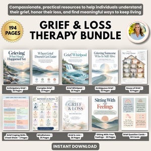 May include: A digital grief and loss therapy bundle featuring 194 pages across multiple workbooks and guides. Titles include Grieving What Hasn't Happened Yet, The Grief Whirlpool, and Sitting With Your Feelings, with various illustrations of landscapes.