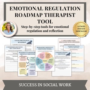 May include: A collection of printable worksheets and guides for emotional regulation, featuring the text "EMOTIONAL REGULATION ROADMAP THERAPIST TOOL." Includes a wheel diagram for managing emotions and a roadmap for difficult emotions. The image also includes a photo of a woman.