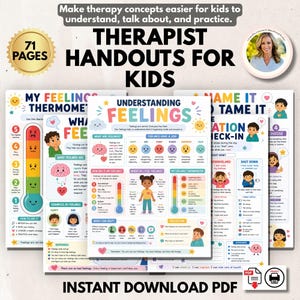 Op de afbeelding: Een verzameling van 71 pagina's met therapie-hand-outs voor kinderen, met kleurrijke illustraties en tekst over het begrijpen van gevoelens, inclusief een gevoelsthermometer, emotionele check-ins en copingstrategieën in PDF-formaat.