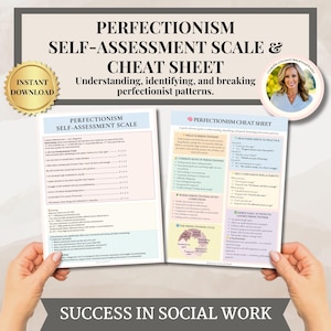 Puede incluir: Una descarga digital titulada "Escala de autoevaluación del perfeccionismo y hoja de trucos". El documento incluye una escala de autoevaluación y una hoja de trucos para comprender y romper los patrones perfeccionistas. La imagen también incluye el texto "Descarga instantánea".