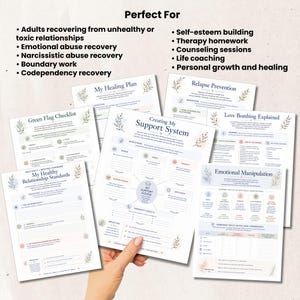 May include: A collection of printed worksheets for relationship recovery and personal growth. Titles include My Healing Plan, Relapse Prevention, Green Flag Checklist, Creating My Support System, Love Bombing Explained, Emotional Manipulation, and My Healthy Relationship Standards.