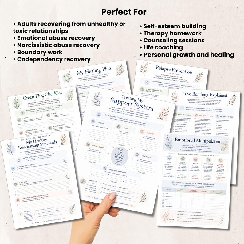 May include: A collection of printed worksheets for relationship recovery and personal growth. Titles include My Healing Plan, Relapse Prevention, Green Flag Checklist, Creating My Support System, Love Bombing Explained, Emotional Manipulation, and My Healthy Relationship Standards.