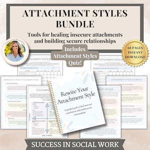 Puede incluir: Un paquete educativo titulado "ATTACHMENT STYLES BUNDLE" con el texto "Herramientas para curar los apegos inseguros y construir relaciones seguras". Incluye un cuestionario y un cuaderno de espiral titulado "Rewire Your Attachment Style".