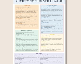 May include: Anxiety coping skills menu with sections for starters, main courses, house specials, drinks, and desserts. Each section lists various activities to help manage anxiety, such as deep breathing, sensory exercises, and self-compassion.