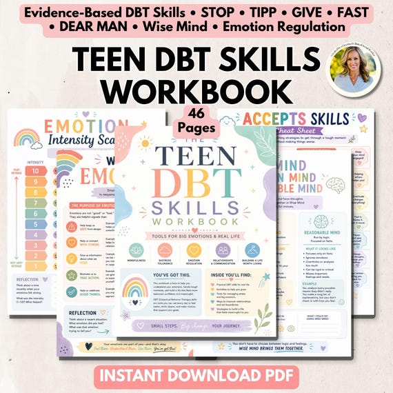 DBT Skills Workbook for teens Boundaries Communication Self-Respect Worksheets DEAR MAN, Give Fast Teen mental health therapist tool