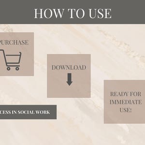 May include: A beige graphic with the text "HOW TO USE" in black. Three beige boxes with black text and icons. The first box says "PURCHASE" with a shopping cart icon. The second box says "DOWNLOAD" with a downward arrow icon. The third box says "READY FOR IMMEDIATE USE!"