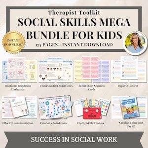 May include: A digital download bundle for children, titled "Social Skills Mega Bundle." The image showcases educational resources like flashcards, a board game, and a toolbox, designed for social work. The text includes "Therapist Toolkit" and "Success in Social Work."