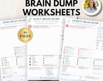 May include: A set of 20 printable brain dump worksheets featuring ADHD, daily, and anxiety-focused templates. Each page includes structured sections for organizing thoughts, priority filtering, action steps, and self-care reminders with clear headings.