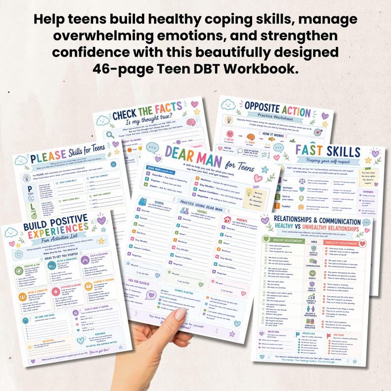 Peut inclure: Un cahier d'exercices DBT pour adolescents de 46 pages comprenant plusieurs feuilles d'activit&eacute;s color&eacute;es avec des titres tels que Check The Facts, Dear Man for Teens, Fast Skills et Build Positive Experiences, orn&eacute;es d'ic&ocirc;nes et de textes.