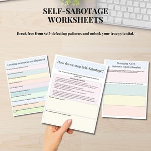 Self Sabotage Workbook,Self-love Journal Therapy,Emotional Regulation, automatic negative thoughts,Inner Critic,Therapy Worksheets,self help image 3