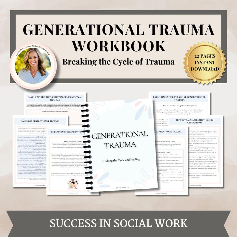 May include: A workbook titled "Generational Trauma Workbook: Breaking the Cycle of Trauma" with a blue background and pink and blue floral accents. The workbook is open to reveal pages with text and headings such as "Family Narrative Script in Generational Trauma", "Causes of Generational Trauma", "Understanding Generational Trauma", "Exploring Your Personal Generational Trauma", "How is Trauma Shared Through Generations", and "Generational Trauma: Breaking the Cycle and Healing".