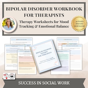 May include: A workbook titled "Bipolar Disorder Workbook for Therapists" with the text "Therapy Worksheets for Mood Tracking & Emotional Balance." The image includes a spiral-bound notebook, worksheets, and a gold seal that says "46 Pages Instant Download."