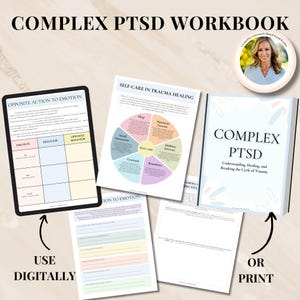 Op de afbeelding: Een digitaal werkboek met de titel "Complex PTSD Workbook: Understanding, Healing, and Breaking the Cycle of Trauma" met een blauwe en witte omslag met een gestileerd bladontwerp. Het werkboek bevat werkbladen voor zelfzorg bij traumaverwerking, tegengestelde actie op emotie en het inkaderen van een positief perspectief.