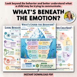 May include: A set of three educational posters titled What's Beneath The Emotion, What's Under The Behavior, and What Does This Child Need. The charts use an iceberg illustration to explain child behavior, sensory needs, and emotional support strategies.
