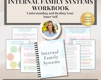 Puede incluir: Un libro de trabajo titulado "Internal Family Systems Workbook: Understanding and Healing Your Inner Self" con una portada azul y rosa con encuadernación en espiral y el texto "Internal Family Systems". El libro de trabajo está rodeado de páginas más pequeñas con texto y diagramas relacionados con el tema de los sistemas familiares internos.