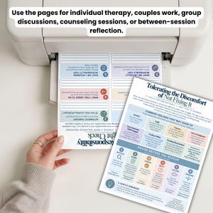 May include: A printed worksheet titled Tolerating the Discomfort of Not Fixing It, featuring a step-by-step guide with sections on common feelings, a pause before you rescue process, and a responsibility check with numbered prompts in blue, pink, and tan.