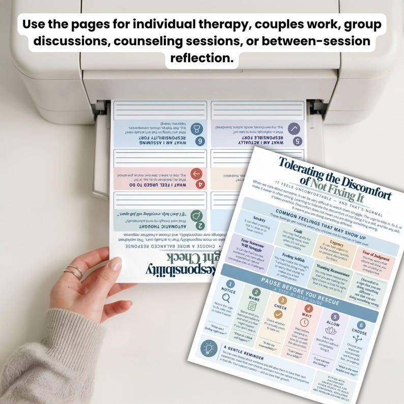May include: A printed worksheet titled Tolerating the Discomfort of Not Fixing It, featuring a step-by-step guide with sections on common feelings, a pause before you rescue process, and a responsibility check with numbered prompts in blue, pink, and tan.