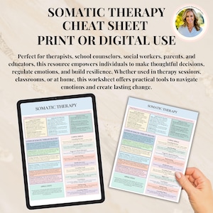 May include: A printable cheat sheet for somatic therapy, featuring a pink, blue, and green color scheme. The sheet includes a list of coping skills, steps of the therapy process, and application tips. The text on the sheet reads "Somatic Therapy Cheat Sheet Print or Digital Use".