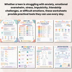 Peut inclure: Une collection de huit fiches p&eacute;dagogiques intitul&eacute;es Teen DBT Skills Workbook, What Are Emotions, Emotion Intensity Scale, Mindfulness Skills, 5-4-3-2-1 Grounding, My Emergency Coping Toolbox, Body Signals et Emotion Regulation.