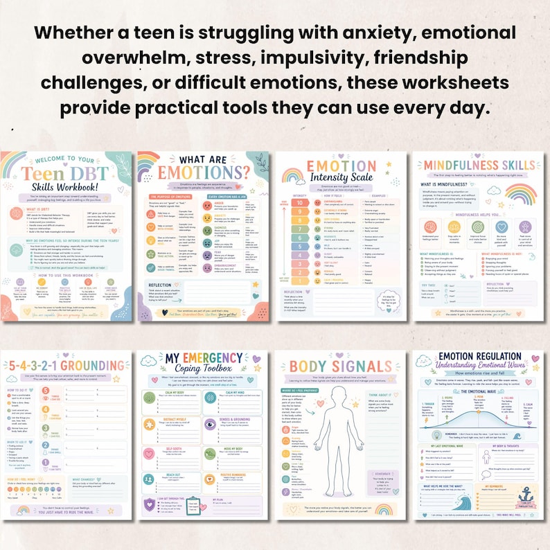 Peut inclure: Une collection de huit fiches p&eacute;dagogiques intitul&eacute;es Teen DBT Skills Workbook, What Are Emotions, Emotion Intensity Scale, Mindfulness Skills, 5-4-3-2-1 Grounding, My Emergency Coping Toolbox, Body Signals et Emotion Regulation.