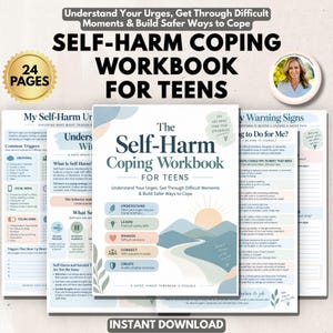 Peut inclure: Un cahier d'exercices de 24 pages pour adolescents sur la gestion de l'automutilation, avec une couverture aux tons doux illustrant un paysage de montagne, un soleil levant et le texte 'The Self-Harm Coping Workbook FOR TEENS'.