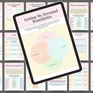 Peut inclure: Une feuille de travail imprimable avec un fond jaune clair et des accents roses, verts et bleus. La feuille de travail est intitul&eacute;e "D&eacute;finir mes limites personnelles" et comprend un diagramme de Venn avec trois cercles qui se chevauchent, &eacute;tiquet&eacute;s "Famille", "Amis proches" et "Connaissances". La feuille de travail comprend &eacute;galement des sections intitul&eacute;es "&Agrave; quoi ressemblent les limites", "L'art de dire non", "Peurs", "Limites des m&eacute;dias sociaux", "Que sont les limites ?", "Sensibilisation aux habitudes Partie deux", "Mon syst&egrave;me de soutien", "Limites de sant&eacute; par rapport aux limites malsaines" et "Ma bulle d'espace personnel".