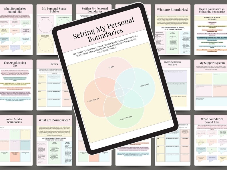 Peut inclure: Une feuille de travail imprimable avec un fond jaune clair et des accents roses, verts et bleus. La feuille de travail est intitul&eacute;e "D&eacute;finir mes limites personnelles" et comprend un diagramme de Venn avec trois cercles qui se chevauchent, &eacute;tiquet&eacute;s "Famille", "Amis proches" et "Connaissances". La feuille de travail comprend &eacute;galement des sections intitul&eacute;es "&Agrave; quoi ressemblent les limites", "L'art de dire non", "Peurs", "Limites des m&eacute;dias sociaux", "Que sont les limites ?", "Sensibilisation aux habitudes Partie deux", "Mon syst&egrave;me de soutien", "Limites de sant&eacute; par rapport aux limites malsaines" et "Ma bulle d'espace personnel".