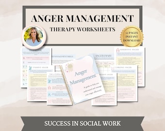 May include: A collection of therapy worksheets titled "Anger Management" with the text "12 Pages Instant Download." The image includes a spiral-bound notebook and several pages with text and graphics. The phrase "Success in Social Work" is at the bottom.