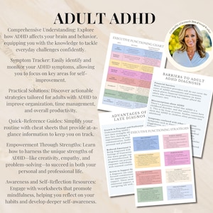 May include: A promotional image for adult ADHD resources. The image features text, charts, and a photo of a woman. The text includes information on understanding ADHD, symptom tracking, practical solutions, and quick-reference guides.