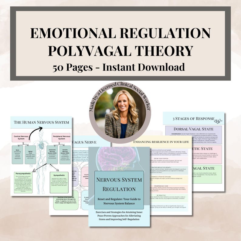 May include: A digital download of a 50-page guide to emotional regulation using the Polyvagal Theory. The guide includes illustrations of the human nervous system, the vagus nerve, and three stages of response: dorsal vagal state, sympathetic state, and ventral vagal state. The guide also includes tips for enhancing resilience in your life.