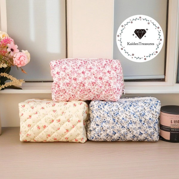 Floral Handmade Boxy Makeup Bag, Custom Name Flowers Quilted Makeup Bag, Large Capacity Makeup Bag, Storage Bag, Bridesmaid Gift