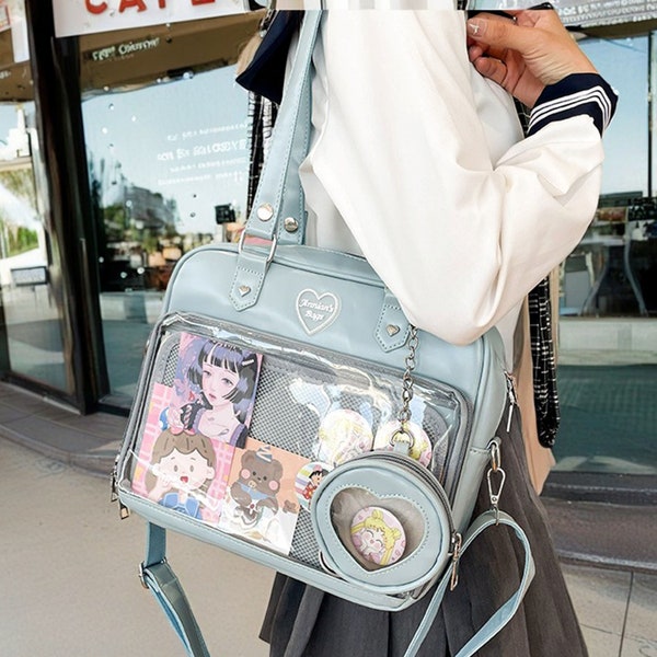Ita Tote Bag, Kawaii Bag, Anime Messenger Bag, Ita Bag, Pin Bag, , Tote Bag Anime, Ita Bag With Clear Windows, Cute Ita Transparent Bag