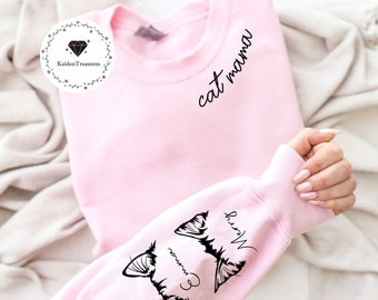 Custom Cat Mama Shirt, Personalized Cat Ears Sweatshirt, Cat Ears With Names On Sleeve, Custom Cat Lover Gift, Gift For Cat Owners