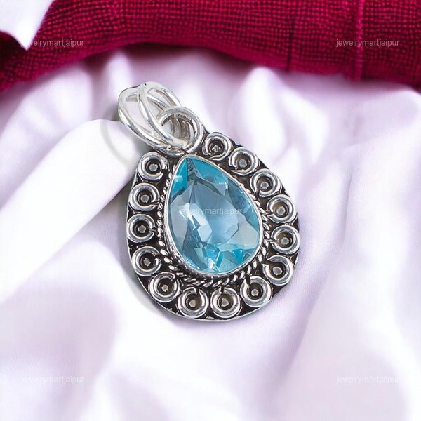 100% Genuine Sky Blue Topaz Vintage Pendant, Gemstone Pendant, Blue Pendant, 925 Sterling Silver Jewelry, Birthday Gift, Pendant For Her