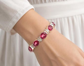 Pink Tourmaline Gemstone Silver Bracelet, 925 Sterling Silver Bracelet, Elegant Partywear Bracelet, Unique Jewelry, October Birthstone Gift