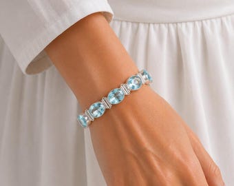 Sky Blue Topaz Gemstone Bracelet, Handmade 925 Sterling Silver Bracelet, Adjustable Bracelet, Boho Jewelry, Wedding Gifts For Mom