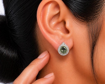 Green Amethyst Gemstone Stud Earrings, 925 Sterling Silver Handmade February Birthstone Green Crystal Jewelry Gift for Her