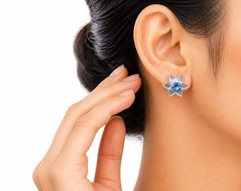Pendientes de botón con gema de tanzanita, joyería floral hecha a mano en plata de ley 925, regalo de aniversario con piedra natal de diciembre