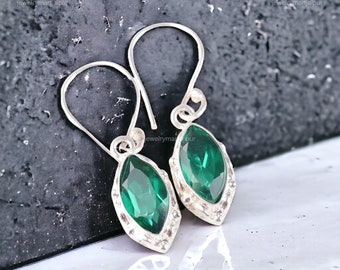 Rare Green Emerald Sterling Silver Drop Earrings, Handmade Vintage Jewelry