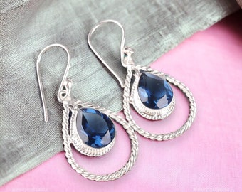 London Blue Topaz Sterling Silver Earrings, Gemstone Drop Earrings