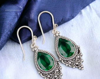 Boucles d'oreilles tendance en pierres précieuses vertes émeraude rares, pendants d'oreilles vertes, bijoux en argent sterling 925, cadeau d'anniversaire, boucles d'oreilles pour mère