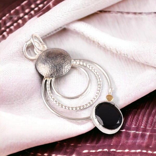 Precious Black Onyx Pendant, Gemstone Pendant, Black Pendant, 925 Sterling Silver Jewelry, Wedding Anniversary Gift, Pendant For Her