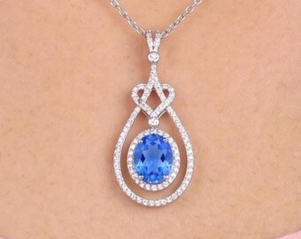 Tanzanite Gemstone Pendant Necklace, 925 Sterling Silver CZ Necklace, Dainty Vintage Jewelry, December Birthstone, Anniversary Gift For Her