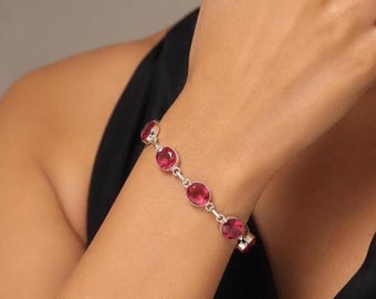 925 Sterling Silver Pink Tourmaline Gemstone Bracelet, Handmade Crystal Bracelet, Minimalist Boho Jewelry, Birthday Gift For Her