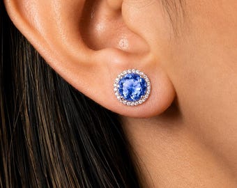 Tanzanite Gemstone CZ Halo Stud Earrings, 925 Sterling Silver Dainty Earring, Cubic Zirconia Jewelry, December Birthday Gift For Women