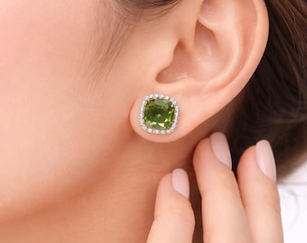 Peridot Gemstone Stud Earrings, 925 Sterling Silver August Birthstone Statement Minimalist Dainty Jewelry For Women