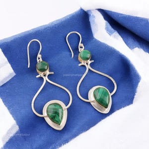 Handmade Malachite Pear Drop Earrings: Sterling Silver Dangle Jewelry