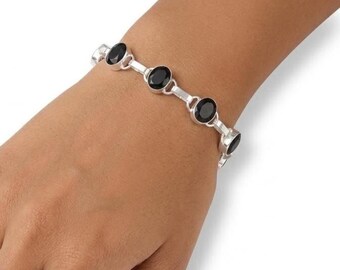Pulsera de ónix negro, pulsera hecha a mano de plata de ley 925, joyería boho llamativa de cristal para mujer, regalo de compromiso para esposa