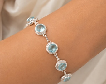 Sky Blue Topaz Gemstone Bracelet, Handmade 925 Sterling Silver Link Bracelet,  December Birthstone Dainty Boho Jewelry, Anniversary Gifts