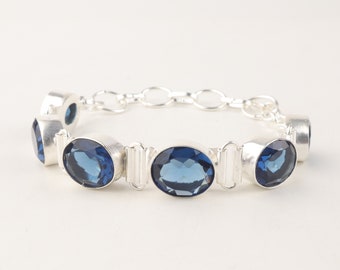 Genuine London Blue Topaz Gemstone Chain Bracelet, Natural Bracelet, 925 Silver Handmade Divine Power Bracelet, Protection Bracelet For Him